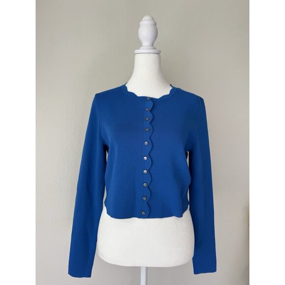 TED BAKER LONDON Kklara Scallop-Trim Stretch-Knit Cardigan Size 4 - Mid-Blue - Picture 4 of 11